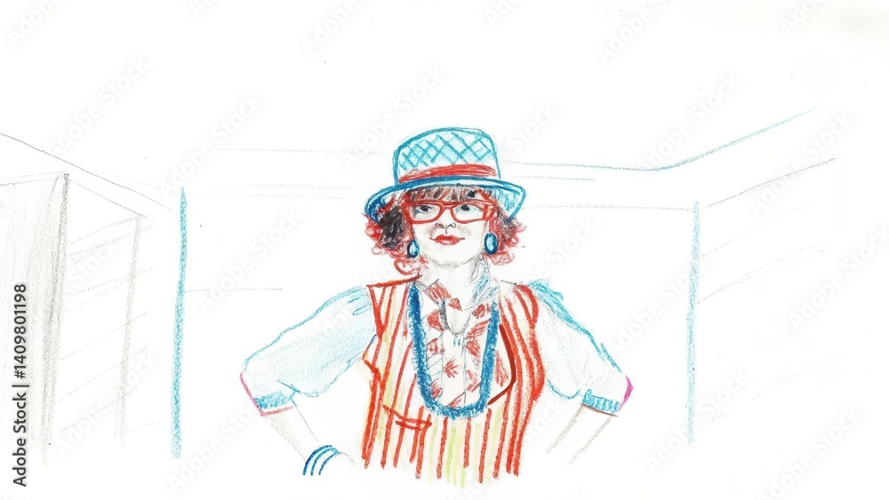 Quirky person showcasing unique style in bright, colorful attire