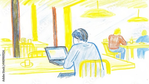 Obraz na płótnie Person working on a laptop in a cozy cafe atmosphere w salonie