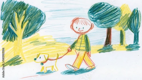 Obraz na płótnie Child walking a dog in a colorful park w salonie