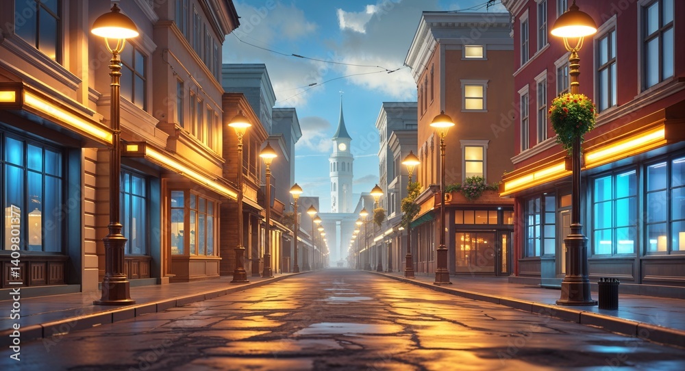 Fototapeta premium city street with glowing windows 3d render scene video game concept background illustration digital artwork