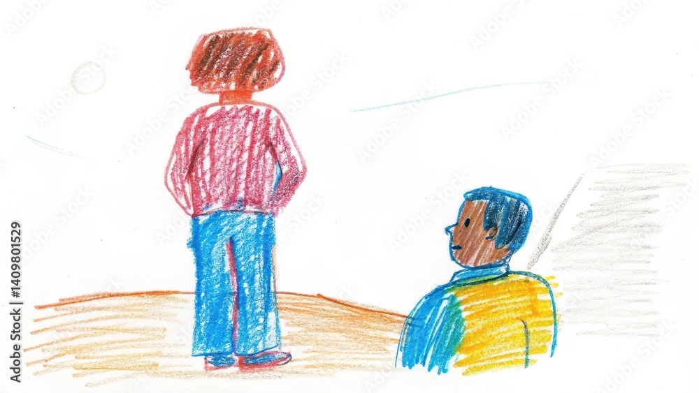 Two People Contemplating the Sunset in a Simple Drawing