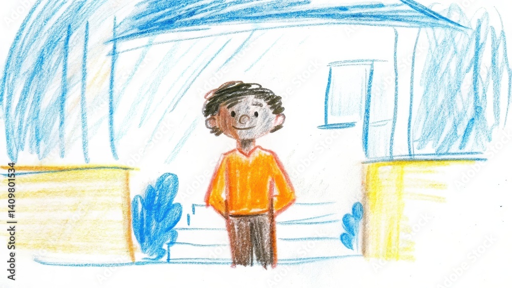 Young boy smiling confidently at home entrance