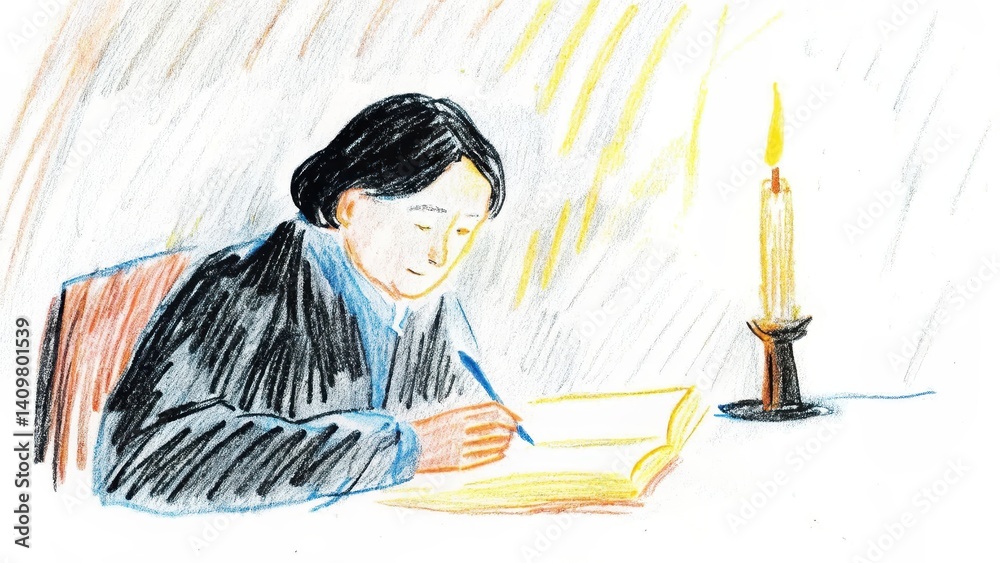 Person writing in a journal by candlelight