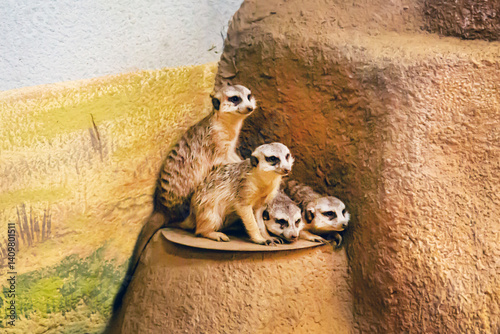 Photography A group of Meerkats (Latin Suricata suricatta) sitting on the edge of a cliff on a clear sunny day