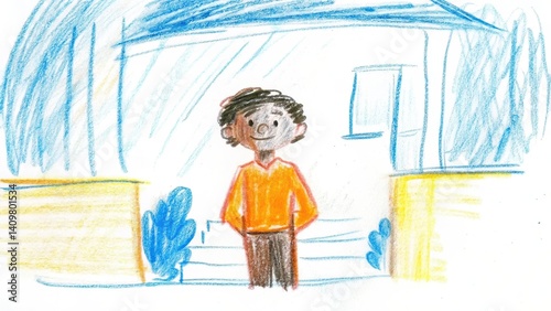 Young boy smiling confidently at home entrance  