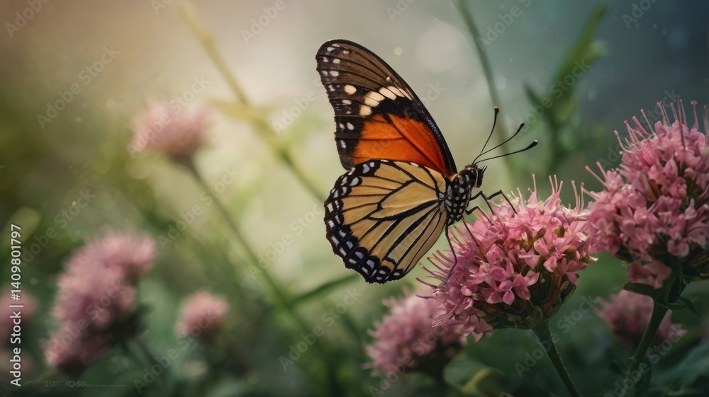 Naklejka premium Butterfly on flower, soft lighting, garden scene, nature's beauty, perfect shot, ideal use, for stock photography and prints