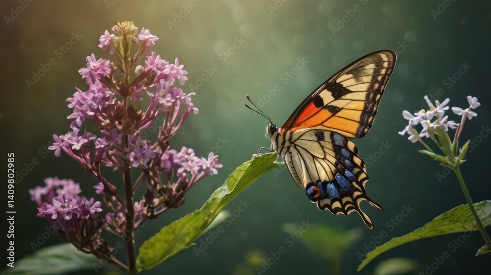 Butterfly on Lilac Flowers, Sunny Day, Garden Scene, Beautiful Butterfly on Lilac Flowers, Sunny Day, Garden Scene, Beautiful