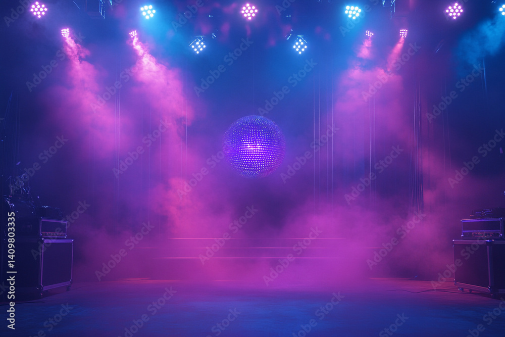 Naklejka premium Disco ball stage lighting vibrant purple and blue mood