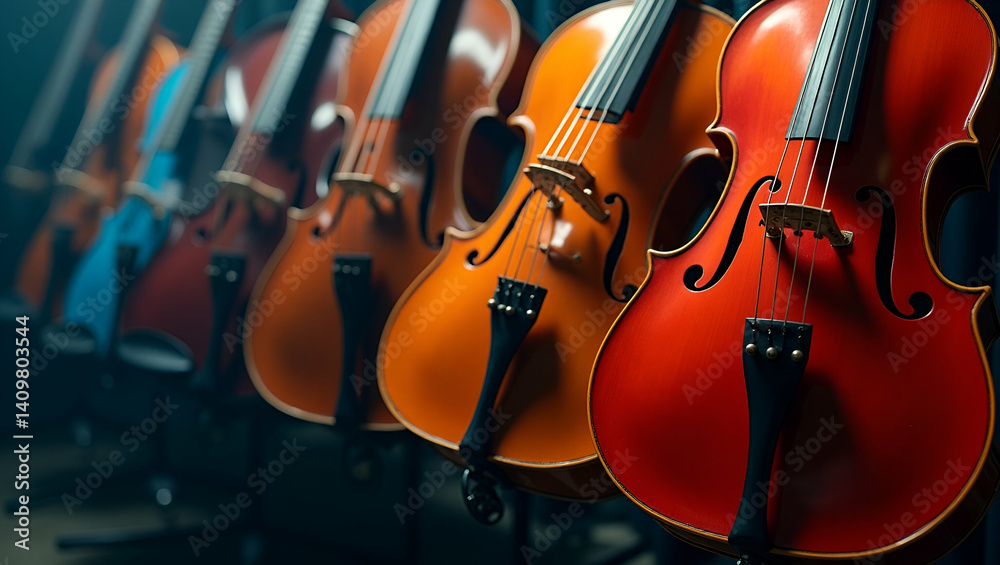 Naklejka premium Develop an artistic song contest musical instruments visual that highlights iconic instruments refined craftsmanship and vibrant tonal details to celebrate musical heritage and performance quality. in