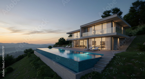 Modern Hilltop Villa with Infinity Pool: Serene Sunset Vista