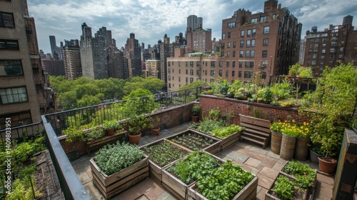Urban garden on a balcony with potted herbs and greenery against a backdrop of city buildings