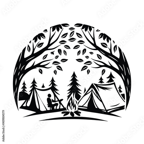 Camping with Fire, Tents, Trees, Man Sitting Around Campfire Silhouette