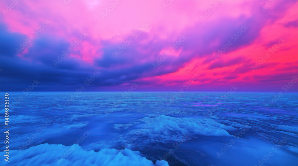 Fototapeta premium stunning view of vast ocean vibrant pink and purple sky, evoking sense of tranquility and wonder
