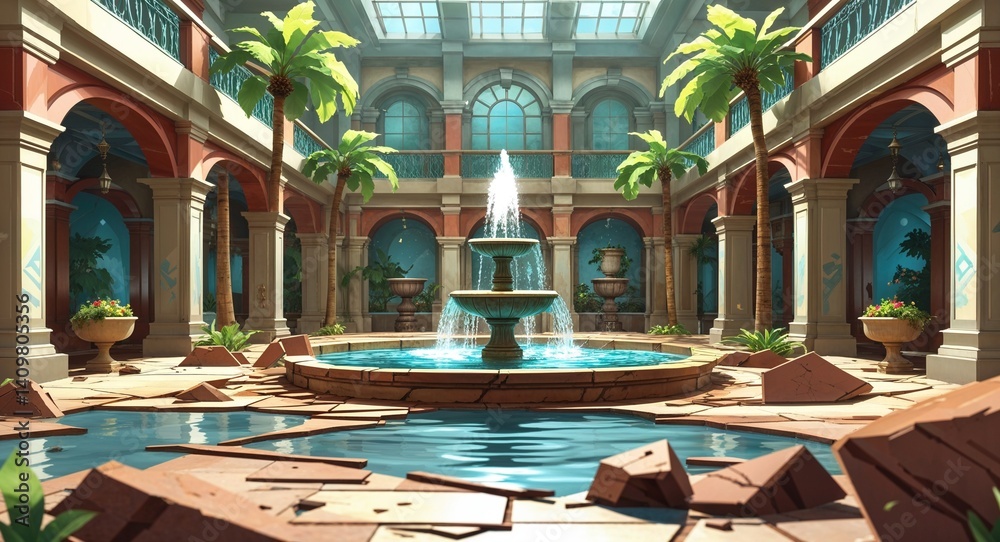 Obraz premium water fountain atrium broken floor 3d render scene video game concept background illustration digital artwork