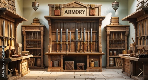 armory display with rusted swords 3d render scene video game concept background illustration digital artwork photo