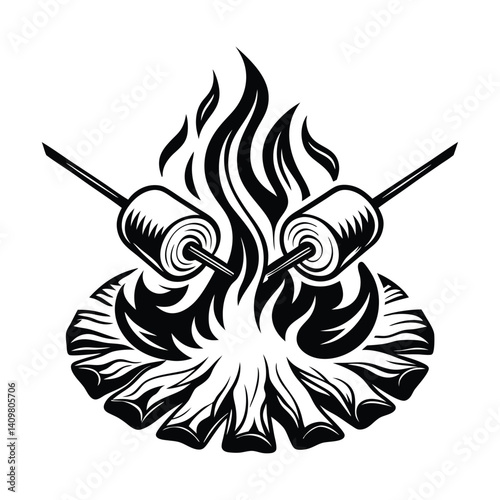 Bonfire with Marshmallows on Skewers Icon Fire Flames Isolated Black and White