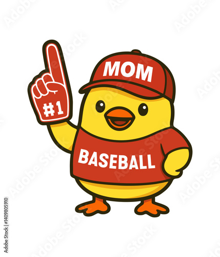 Cartoon yellow chick wearing red cap with “MOM” text and red shirt with “BASEBALL” text, holding foam finger with “#1” sign. Cute fan mascot illustration in vector style. Baseball support 