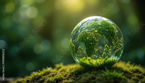 Sustainability. Crystal globe glass on green moss in forest to protect nature Save and care World for sustainable. concept of the environment ecology and Earth Day.