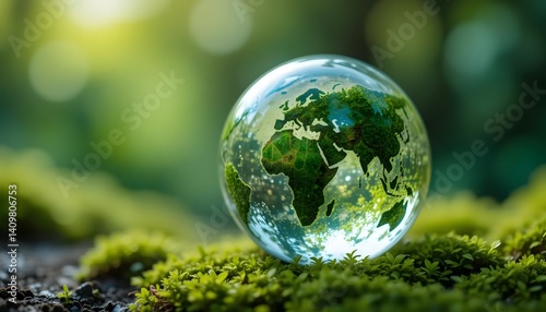 Sustainability. Crystal globe glass on green moss in forest to protect nature Save and care World for sustainable. concept of the environment ecology and Earth Day.