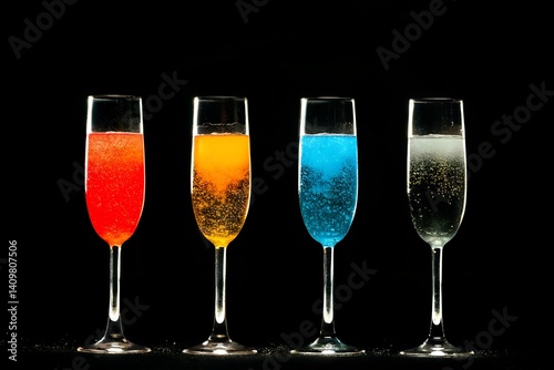 Four Champagne Flutes with Assorted-Colored Liquids – Elegant Celebration Glassware
