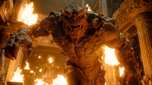 Terrifying stone monster with glowing eyes in burning temple ruins