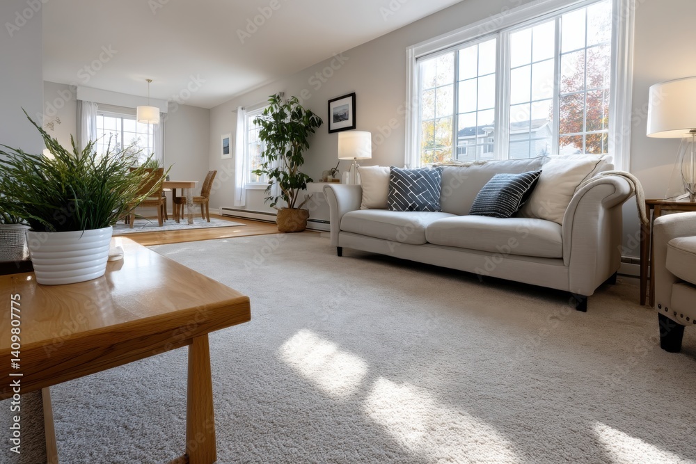 Fototapeta premium A minimalist living room designed for comfort with soft textures and natural light, offering a serene atmosphere through a soft color palette and stylish furniture.