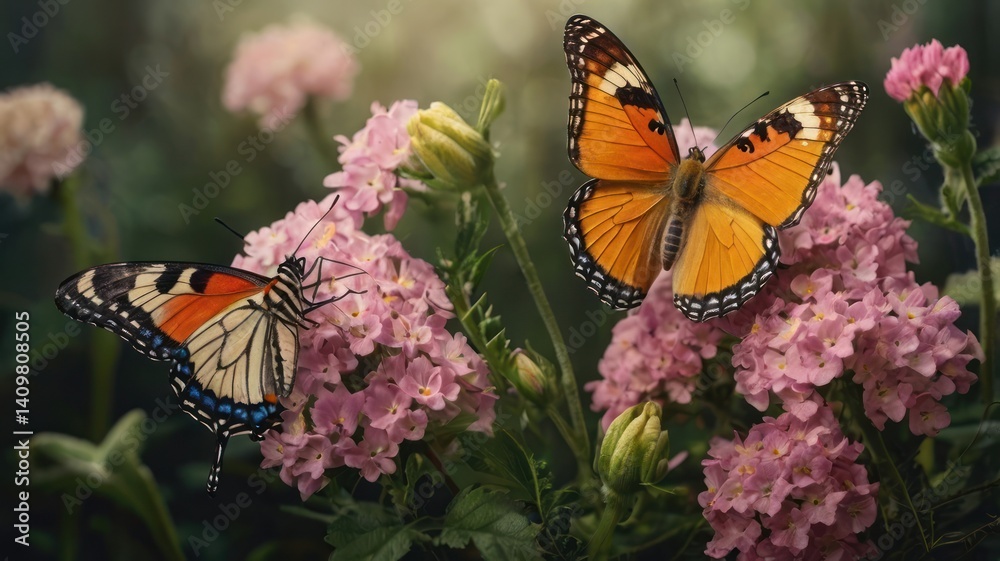Obraz premium Two butterflies on pink flowers, nature, outdoors, still life, beauty