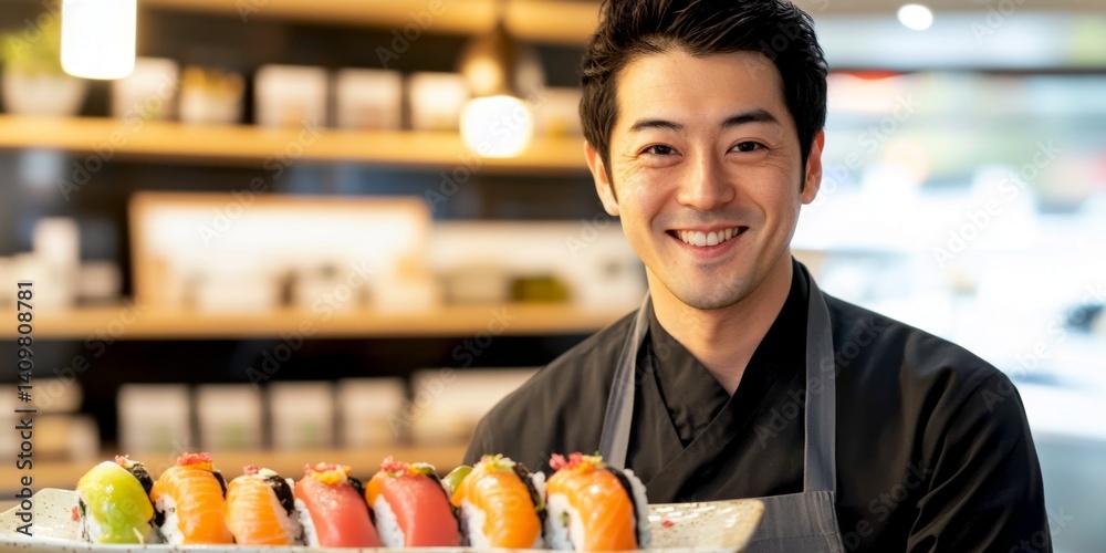 A skilled sushi chef smiles proudly in a modern restaurant. Fresh sushi rolls are displayed beautifully. This culinary art showcases creativity and passion for traditional Japanese cuisine. AI