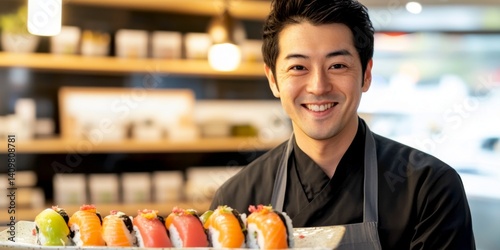 Obraz na płótnie A skilled sushi chef smiles proudly in a modern restaurant. Fresh sushi rolls are displayed beautifully. This culinary art showcases creativity and passion for traditional Japanese cuisine. AI w salonie