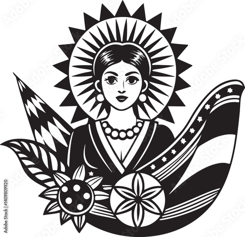 A cartoon vector illustration shows a smiling old woman's face in a vintage mariachi sombrero hat.