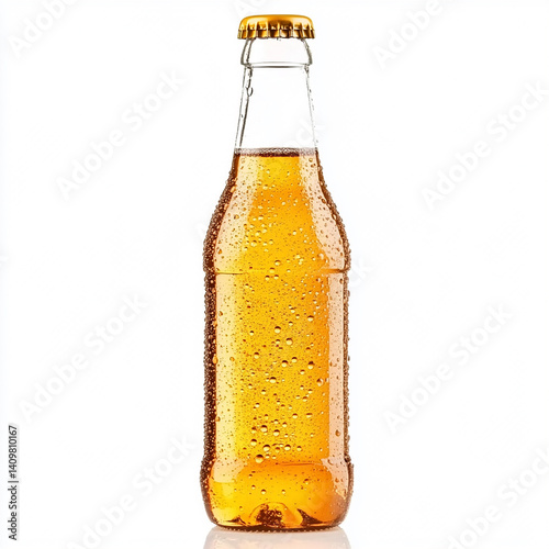 Refreshing cold beer bottle with golden liquid and water droplets ice cool drink glass brown fizzy