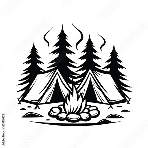 Black Silhouette Camping with Tents, Fire, Trees, and Smoke on White