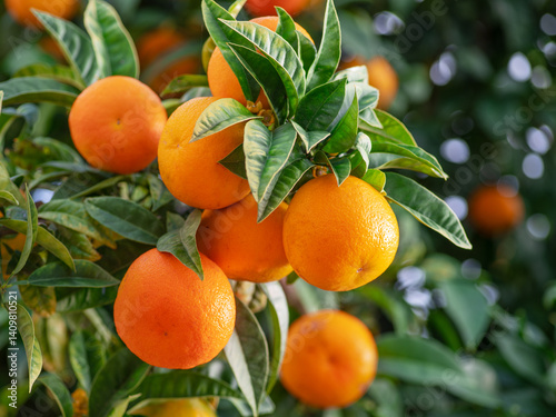 Fototapeta Naklejka Na Ścianę i Meble -  Tangerine tree branch or Citrus tangerina completely covered with ripe fruits close up. Great harvest in the orchard.