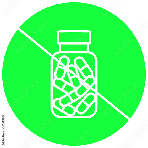 No pill bottle icon in green circle with white outline and diagonal slash symbolizing medication restriction or anti-drug zone, transparent background.