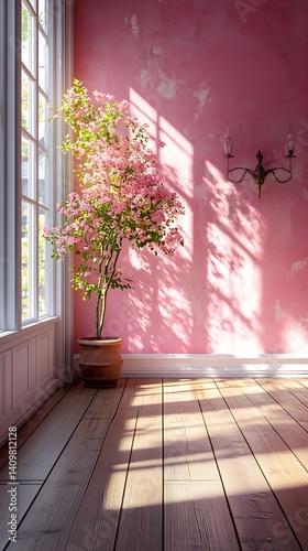 Bright Room Phone Wallpaper   Pink Wall & Sunlight with Flowering Plant | Vertical HD Mobile Background

