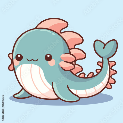 Cute Cartoon Whale with Pink Fins and Smiling Face, Vector Illustration