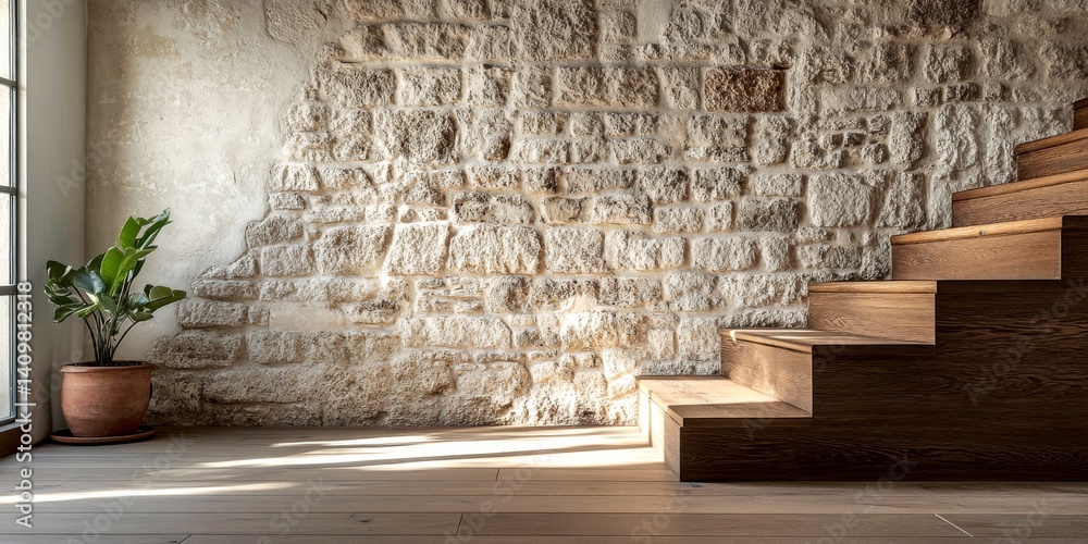 A beautifully designed interior space featuring a rustic stone wall and elegant wooden stairs. This inviting setting blends modern and natural elements seamlessly.
