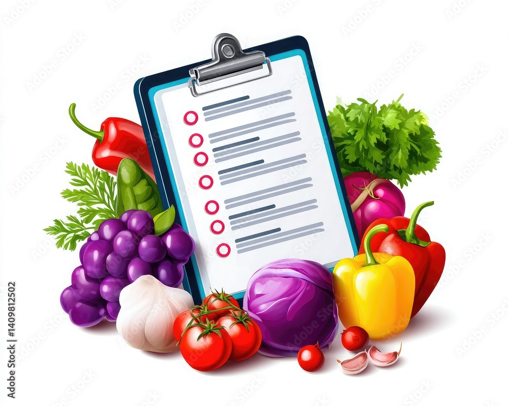 A colorful illustration of various vegetables and herbs alongside a clipboard with a checklist, emphasizing healthy eating and meal planning.