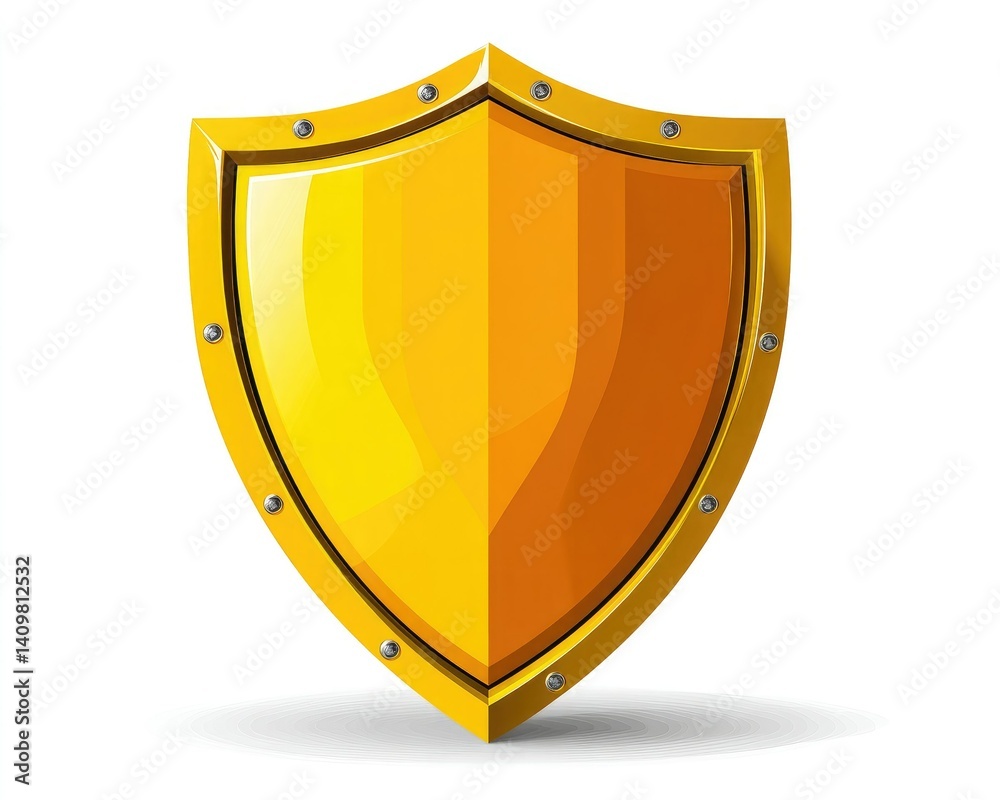 A shiny, stylized shield in gold and orange, symbolizing protection and security, with a sleek design and decorative elements.