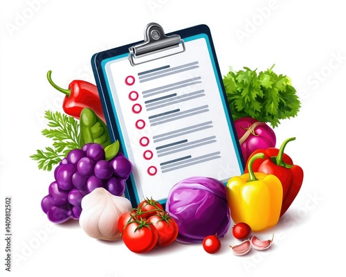 Obraz na płótnie A colorful illustration of various vegetables and herbs alongside a clipboard with a checklist, emphasizing healthy eating and meal planning. w salonie