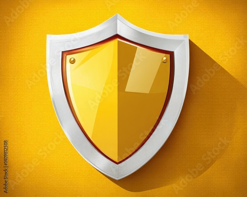 Obraz na płótnie A glossy, golden shield emblem on a bright yellow background, symbolizing protection, security, and strength. w salonie