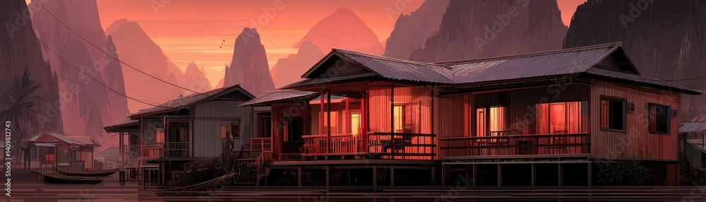 A serene sunset scene featuring traditional wooden houses along a waterfront, surrounded by majestic mountains and palm trees.
