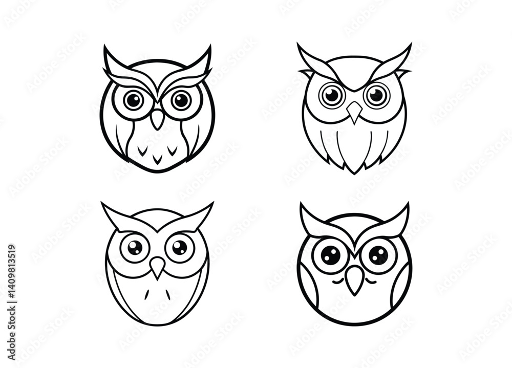 Fototapeta premium Owl outline face vector isolated on white background, icon design, logo illustration, line drawing.