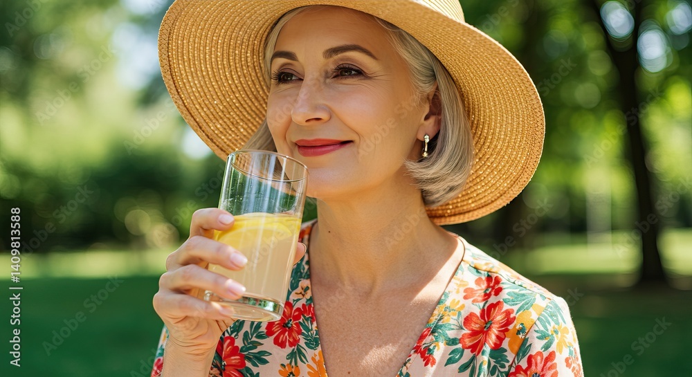 Mature woman enjoying refreshing lemonade in summer park
