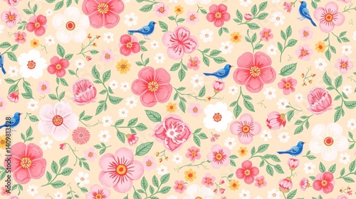 Seamless floral pattern with birds, perfect for wallpapers and fabrics
