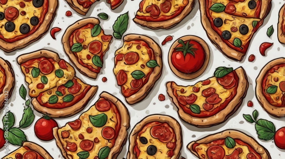 Delicious pizza slices, tomatoes, basil; overhead food background for menu design Delicious pizza slices, tomatoes, basil; overhead food background for menu design