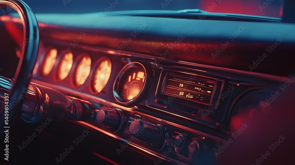 Obraz premium Classic Car Dashboard: The interior of a classic car is seen. Illuminated gauges and controls create an evocative atmosphere. Capturing the essence of vintage design and the thrill of the road.