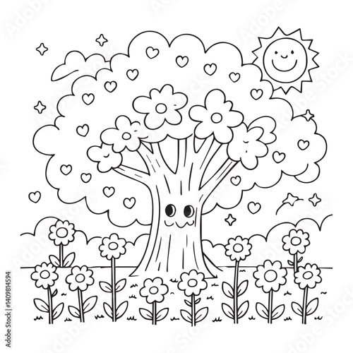 flowers and cartoon tree with face easy coloring page for children. 