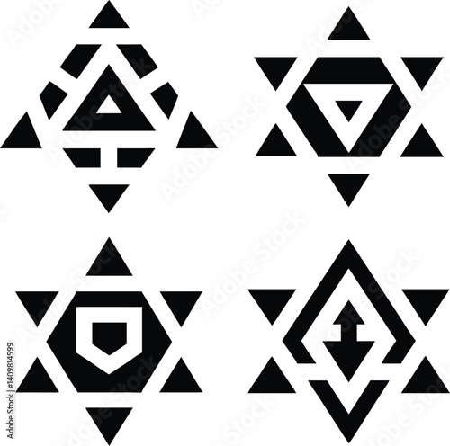 Four distinct, symmetrical, geometric star patterns, composed of interlocking triangles in a bold black and white design.