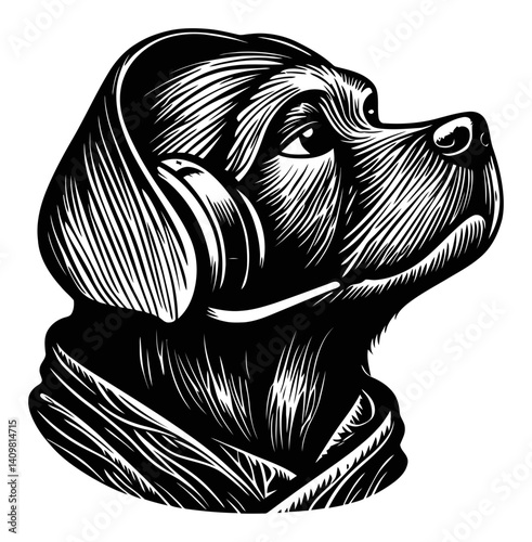 Detailed Woodcut of a Dog's Head in Profile View with Classic Style